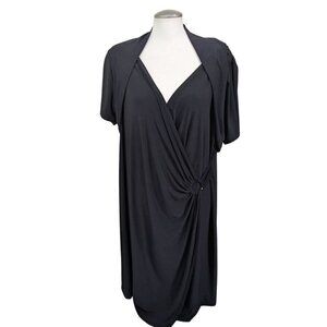 Vintage Womens Plus Size 22 Faux Wrap Dress Solid All Black Short Sleeve Ruched